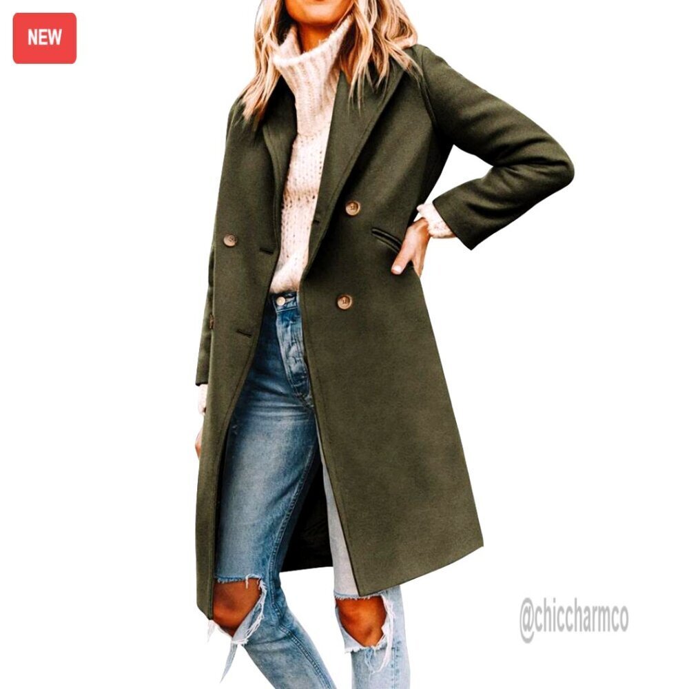 Women's Wool Blend Pea Coat Double Breasted Notched Lapel Winter Jacket